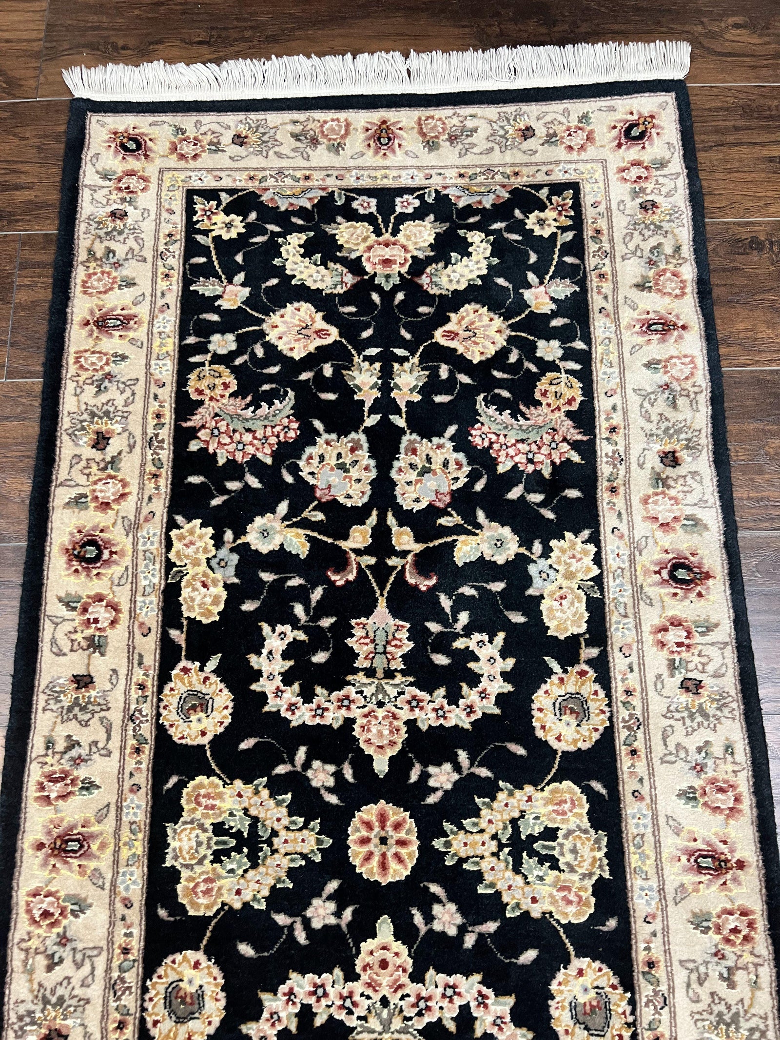 Sino Persian Short Runner Rug 2.7 x 6, Wool and Silk Highlights Black and Beige Handmade Vintage Floral Allover Oriental Carpet, Hallway Rug
