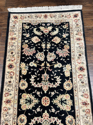 Sino Persian Short Runner Rug 2.7 x 6, Wool and Silk Highlights Black and Beige Handmade Vintage Floral Allover Oriental Carpet, Hallway Rug