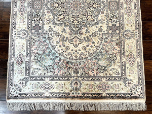 Silk Indian Kashmiri Rug 4x6, Handmade, Ivory, Fine 240 KPSI