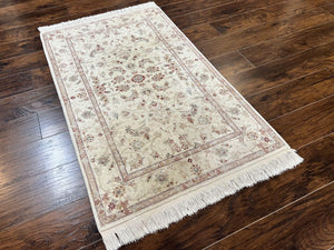 Sino Persian Rug 3x5, Wool with Silk Highlights, Ivory Floral Traditional Wool Area Rug, Fine Oriental Carpet, Vintage 3 x 5 Handmade Rug