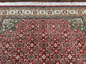 Persian Tabriz Rug 7x10, Wool Hand Knotted Vintage Carpet, Red Green & Cream, Herati Pattern, 7 x 10 Room Sized Oriental Rug