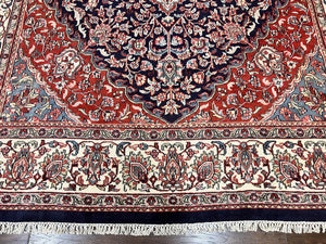 Indo Persian Rug 10x15, Floral Allover, Handmade Vintage Wool Carpet, Dark Blue Ivory Red, Palace Size Traditional Rug