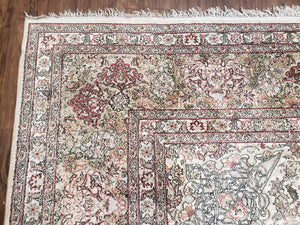 Vintage Indian Room Sized Silk Rug 8x10, Indo Kashmiri Carpet, Hand-Knotted Persian Oriental Carpet, Floral Medallion Allover Pattern, Ivory