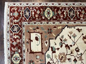 Indo Heriz Rug 9x12, Geometric Indo Persian Room Sized Decorative Area Rug 9 x 12 ft, Cream Navy Blue Pink Handmade Vintage Wool Carpet