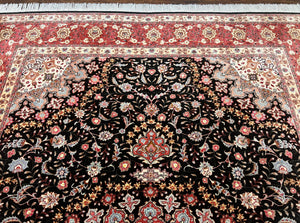 Marvelous Persian Tabriz Rug 7x10 ft, Super Fine 50 Raj, 300+ KPSI, Black and Rust Red, Floral Medallion Handmade Wool Oriental Carpet, Top Quality