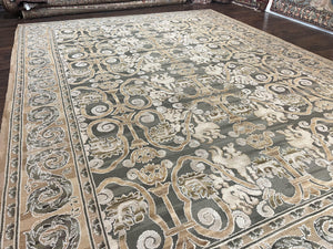Spanish Rug 11x14, Wool Hand Knotted Vintage Carpet, Olive Green and Beige, Floral Allover, European Design, 11 x 14 Rug