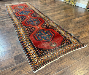 Antique Persian Sarab Runner Rug 3.9 x 12, Red, Handmade, Tribal Runner, Wool, Signed