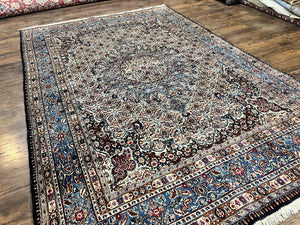 Persian Mashad Rug 7x10, Floral Medallion, Wool Hand Knotted Vintage Oriental Carpet, Blue & Ivory, Traditional Room Sized Rug