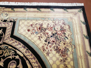 8x10 Aubusson Rug, Fine Hand Knotted Wool Carpet, French European Design, Black & Ivory