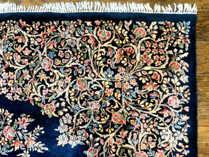 Antique Persian Kerman Rug 10x13, Navy Blue Floral Carpet, Fine 270 KPSI
