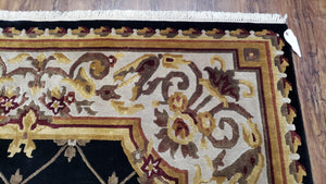 6x9 Nepalese Rug, Aubusson Savonnerie Area Rug 6 x 9 with Soft Pile, Hand-Knotted Wool Black & Beige Tibetan New Carpet European Design