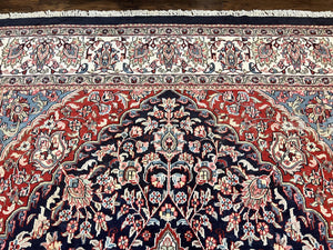 Indo Persian Rug 10x15, Floral Allover, Handmade Vintage Wool Carpet, Dark Blue Ivory Red, Palace Size Traditional Rug