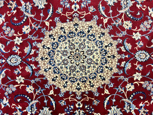Persian Nain Rug 6x10, Wool and Silk Highlights, Red and Ivory, Floral Medallion, Vintage Handmade Hand Knotted, Fine 225 KPSI, Traditional Rug