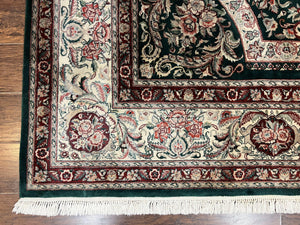 Pak Persian Rug 9x12, Dark Green and Cream, Floral Medallion, Elegant Handmade Wool Carpet 9 x 12