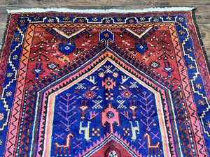 Persian Tribal Rug 5x7, Wool Handmade Vintage Hamadan Nahavand Carpet, Red & Navy Blue, Animal Motifs, Geometric Oriental Rug 5 x 7