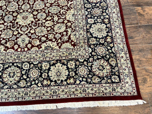 Sino Persian Rug 9x12, Floral Allover Pattern, Wool Vintage Carpet, Dark Maroon Red, 9 x 12 Traditional Room Sized Rug, Finely Hand Knotted