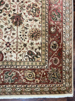 Large Indian Rug 10x14, Hand Knotted Indo Persian Gandehar Oriental Carpet, Vintage Wool Rug 10 x 14 ft Cream Red Floral Allover Traditional
