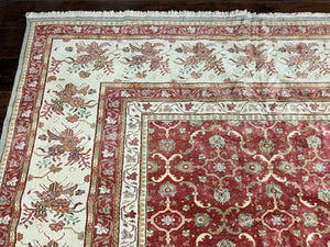 Turkish Oushak Rug 12x18, Wool Hand Knotted Vintage Carpet, Red & Oatmeal, 12 x 18 Palace SIze Handmade Oriental Rug