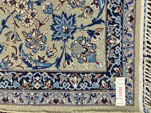 Persian Isfahan Rug 5x8, Kork Wool on Silk Foundation, 440 KPSI, Handmade Vintage Carpet, Floral Medallion Oriental Rug, Ivory & Blue, Very Fine