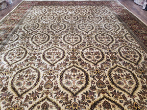 Vintage Indo Persian Area Rug 9x12, Wool Hand-Knotted Ivory & Dark Red Oriental Carpet, Fine Weave 9 x 12 Indian Rug, Dining Room Rug