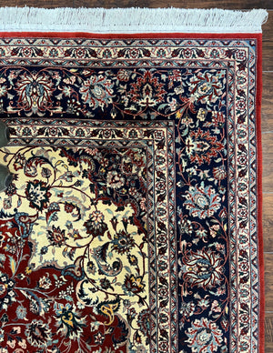 Fine Sino Persian Rug 7x10 ft, Floral Central Medallion Oriental Carpet, Red Navy Blue Cream, Hand Knotted Wool Traditional Vintage Rug