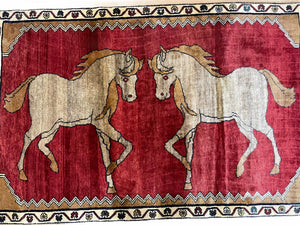 4 X 6 Handmade Hand-Knotted New Vintage Rug Wool Horses Red Organic Dyes Tribal