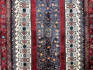 Persian Rug 5x12 ft, Red Cream Navy Blue, Pictorials, Hand Knotted Handmade Wide Runner Tribal Bidjar Semi Antique Wool Geometric Oriental Rug