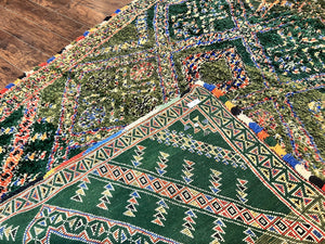 Large Moroccan Shag Rug 6x12, Green Multicolor Colorful Boho Rug, Handmade Hand Knotted Wool Carpet, Geometric Design, Vintage Rug