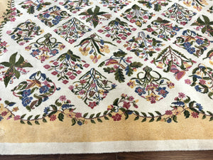 Power Loomed Rug 8x11, Ivory and Multicolor Floral Panel Pattern, Flowers, Butterflies, Vintage