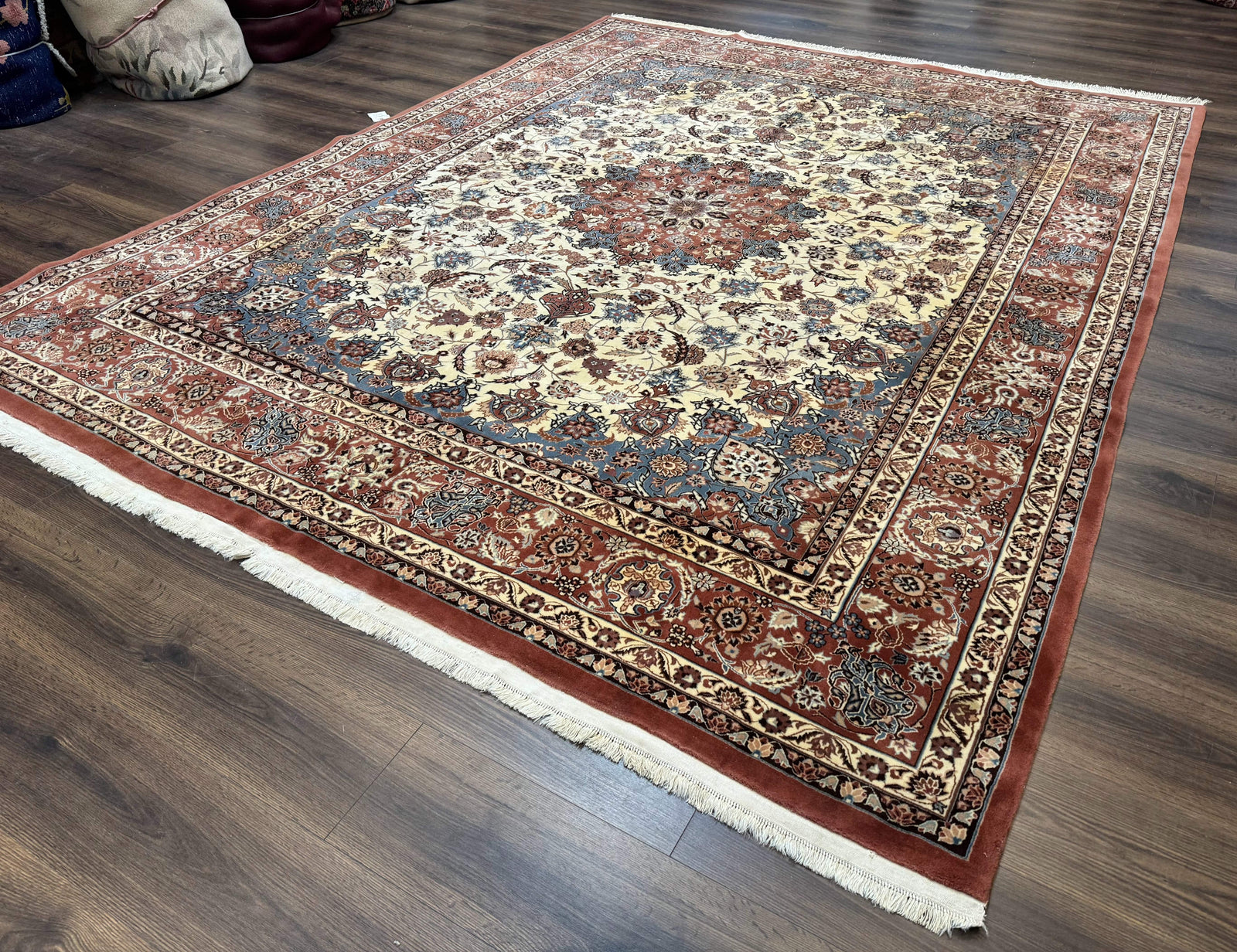 Persian Rug 8x10, Sino Persian Floral Medallion Carpet, Traditional Wool Area Rug, Cream and Brick Red, Fine 210 KPSI