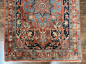 Antique Persian Bidjar Rug 4x5, Red and Blue, Hand Knotted Wool Carpet