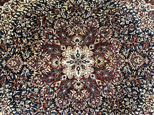 Indo Persian Rug 9x13, Floral Medallion, Midnight Blue & Burgundy, Hand Knotted Vintage Room Sized Traditional Wool Oriental Carpet