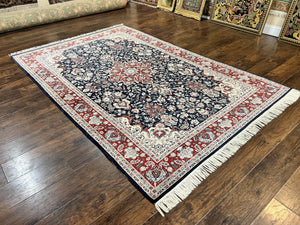 Pak Persian Rug 6x9, Floral Medallion, Dark Blue, Traditional Oriental Carpet, Handmade Wool Vintage Medium Size Rug, 240 KPSI
