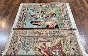 Indo Persian Pictorial Rug 4x7, Handmade Hand Knotted Wool Semi Antique Horizontal Carpet, Men & Women Drinking, Fine Rug, Bird Pictorials