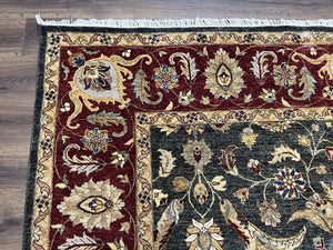 Pak Persian Mahal Rug 9x12, Allover Floral Pakistani Oriental Carpet 9 x 12, Wool Hand Knotted Area Rug, Dark Slate Gray-Black and Maroon