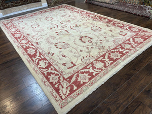 Peshawar Rug 8x12 Pakistani Carpet, Oriental Rug 8 x 12 Chobi Rug, Beige and Red, Allover Large Floral Design, Hand Knotted Vintage Wool