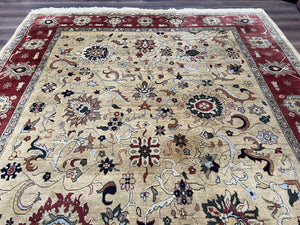 Indo Persian Mahal Rug 8x12, Wool Hand Knotted Oriental Carpet, Light Gold and Burgundy, Floral Allover, Vintage Room Sized Area Rug 8 x 12