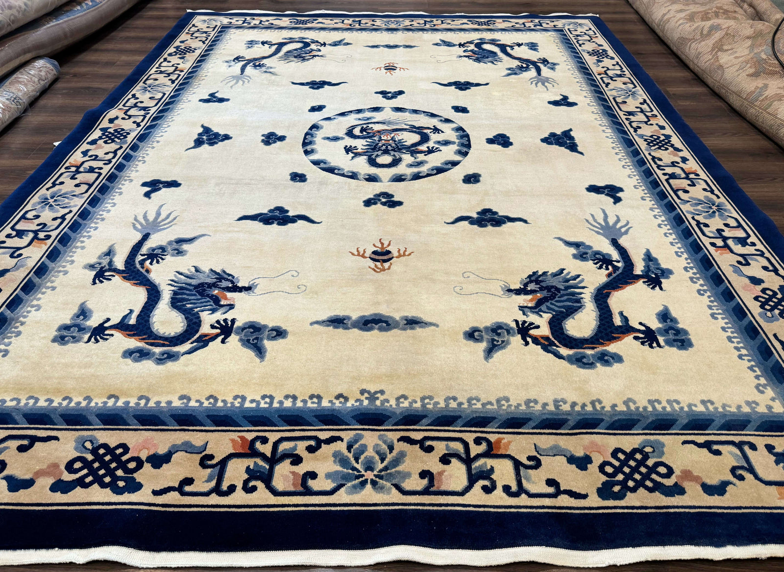 Chinese Dragon Peking Rug 8 x 11.6, Ivory and Blue, Chinese Wool Rug, Vintage