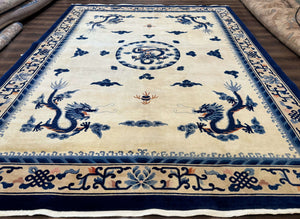 Chinese Dragon Peking Rug 8 x 11.6, Ivory and Blue, Chinese Wool Rug, Vintage