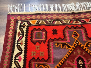 Persian Kurdish Zarand Kilim Rug 5x9, Red, Geometric Medallions, Wide Runner