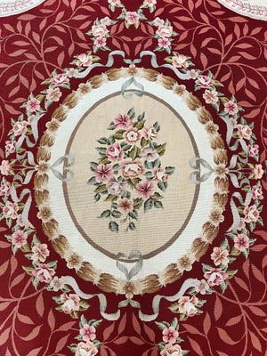 Wonderful Aubusson Rug 9x12, Handmade Vintage Needlepoint Carpet, Red and Ivory, Elegant European Design, Wool