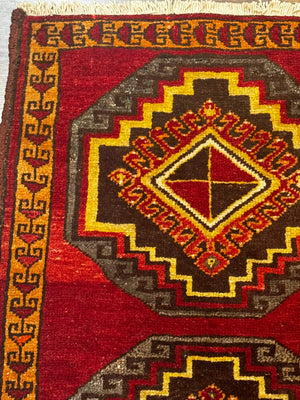 Small Antique Turkish Yastik Rug 2x3, Double Medallions, Geometric, Red, Wool
