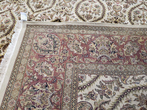 Vintage Indo Persian Area Rug 9x12, Wool Hand-Knotted Ivory & Dark Red Oriental Carpet, Fine Weave 9 x 12 Indian Rug, Dining Room Rug