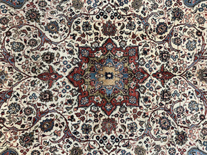 Persian Sarouk Rug 8x12, Wool Hand Knotted Antique Carpet, Floral Medallion, Cream Red, Traditional Oriental Rug