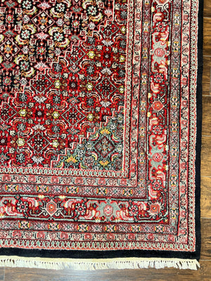 Indo Persian Rug 8x10, Wool Hand Knotted Vintage Carpet, Red & Midnight Blue, Indo Bidjar Oriental Rug, Herati Mahi Pattern, Room Sized Rug