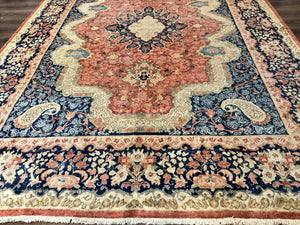 Antique Persian Sarouk Rug 9x12, Boteh Paisleys, Light Red Navy Blue