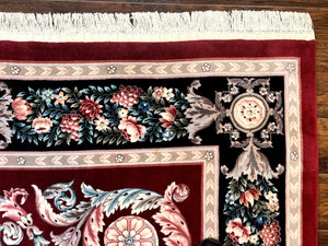 Chinese Aubusson Rug 9x12, Burgundy, Handmade Vintage Wool Carpet, Fine 210 KPSI, Elegant European Design