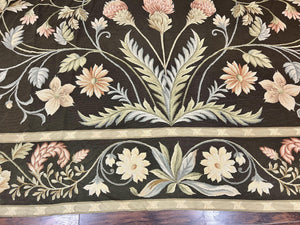 Large Needlepoint Rug 11x16, Dark Green Floral Elegant European Design Vintage Wool Handmade Carpet, Palace Size Rug