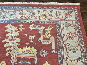 Indo Heriz Flatweave Rug 10x14, Indian Large Room Sized Carpet 10 x 14 ft, Red Green Floral Allover, Wool Handmade Vintage Oriental Rug