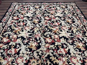 Wool Needlepoint Rug 9x12, William Morris Vintage Chinese Needlepoint Carpet 9 x 12, Handwoven, Allover Floral Area Rug, Black Light Green